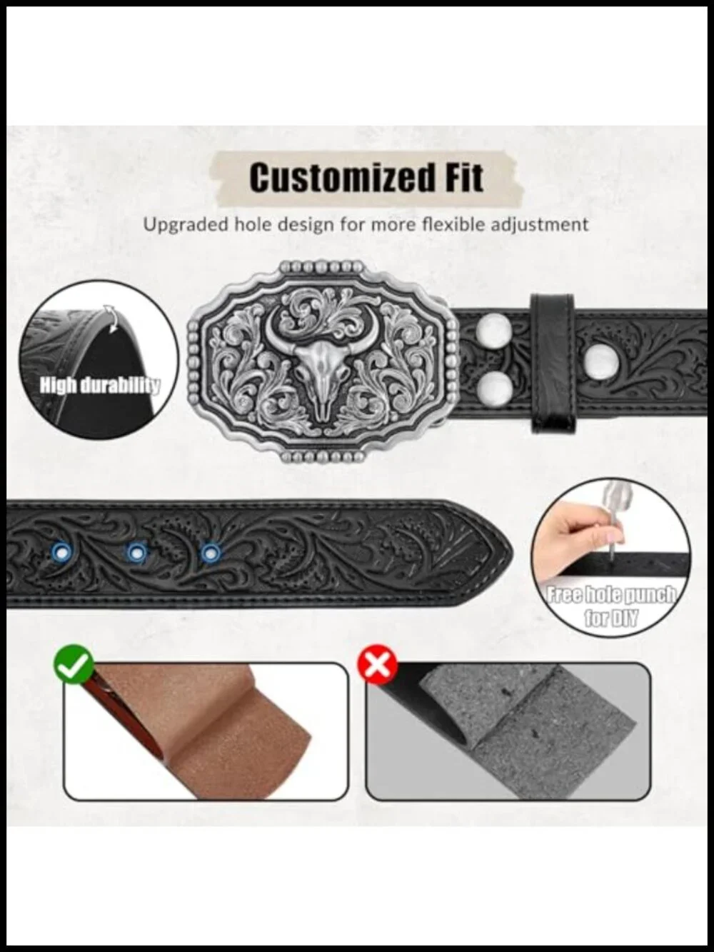 2 Pack Cowboy Belt Set Genuine Leather Western Belt Buckle Metal Gift